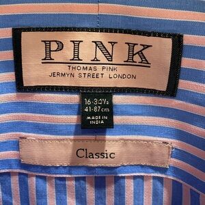 Thomas Pink Poplin Striped French Cuff L/S Button Down Shirt Pink Blue Sz 16
